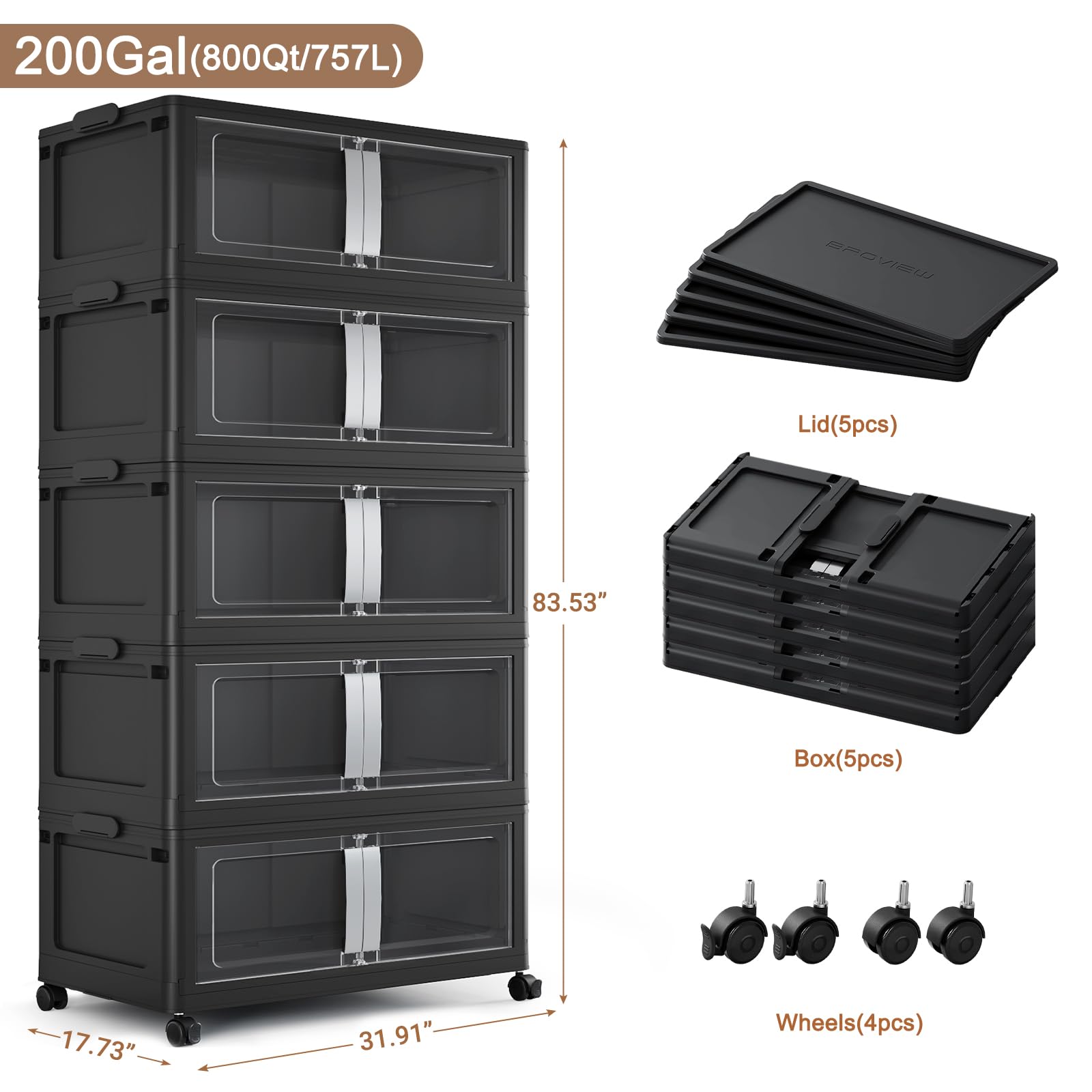 BROVIEW 800QT Stackable Storage Bins with Lids, 200Gal Extra Large Collapsible Storage Box with Wheel, Plastic Storages with Clear Door Open Front for Home Kitchen Garage, Black-5pack(5 lids)
