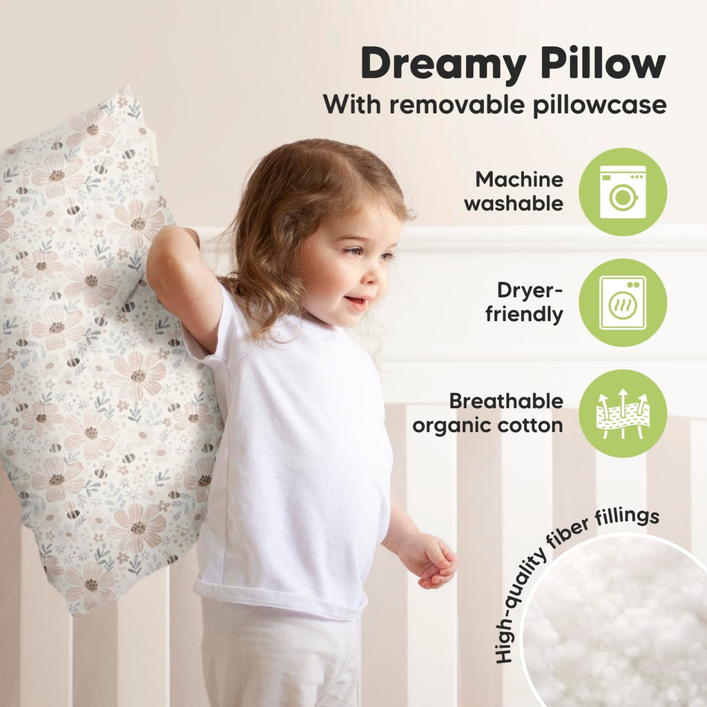 KeaBabies Organic Toddler Pillow with Pillowcase, Jumbo 14X20 (Flora Vale)