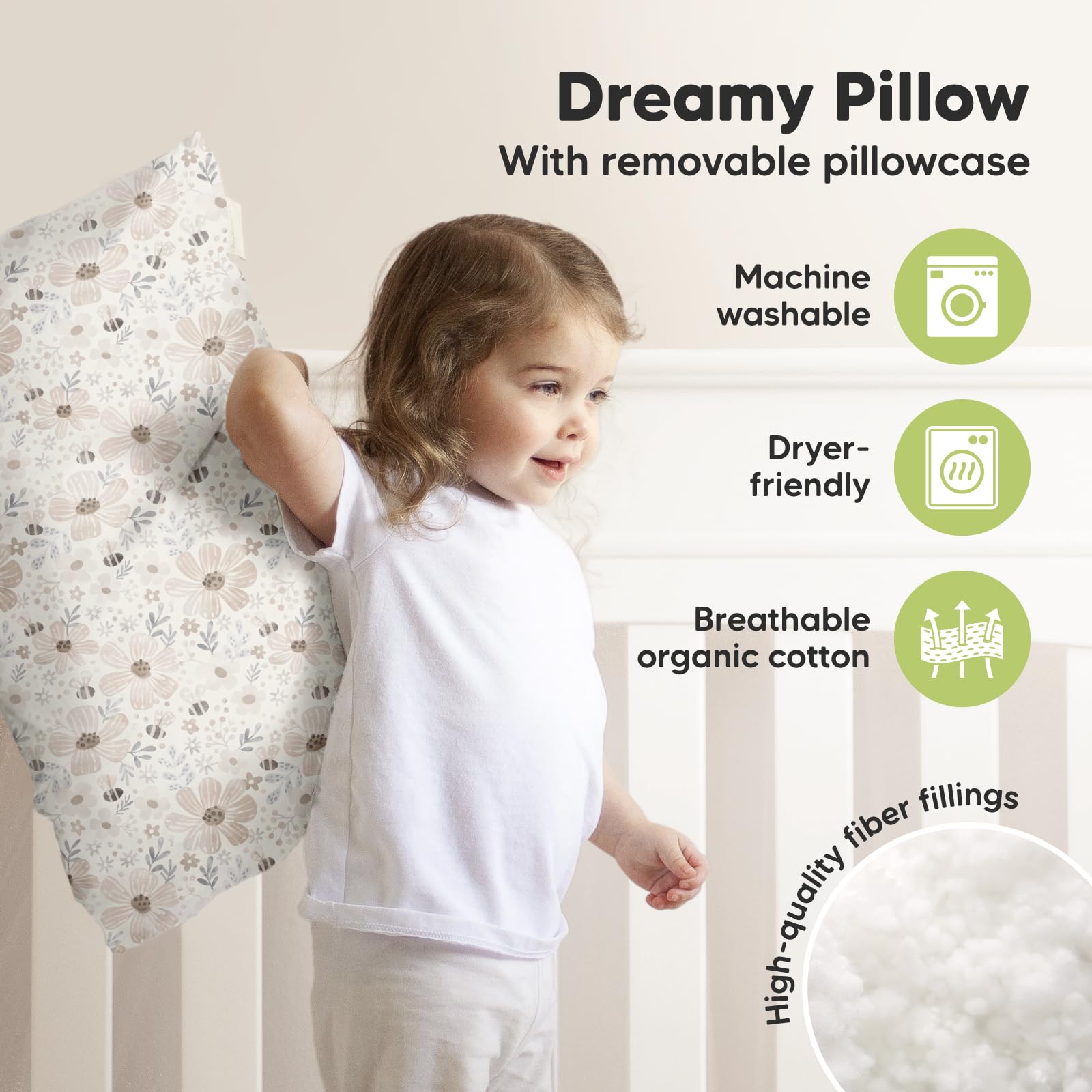 KeaBabies Organic Toddler Pillow with Pillowcase, Jumbo 14X20 (Flora Vale)