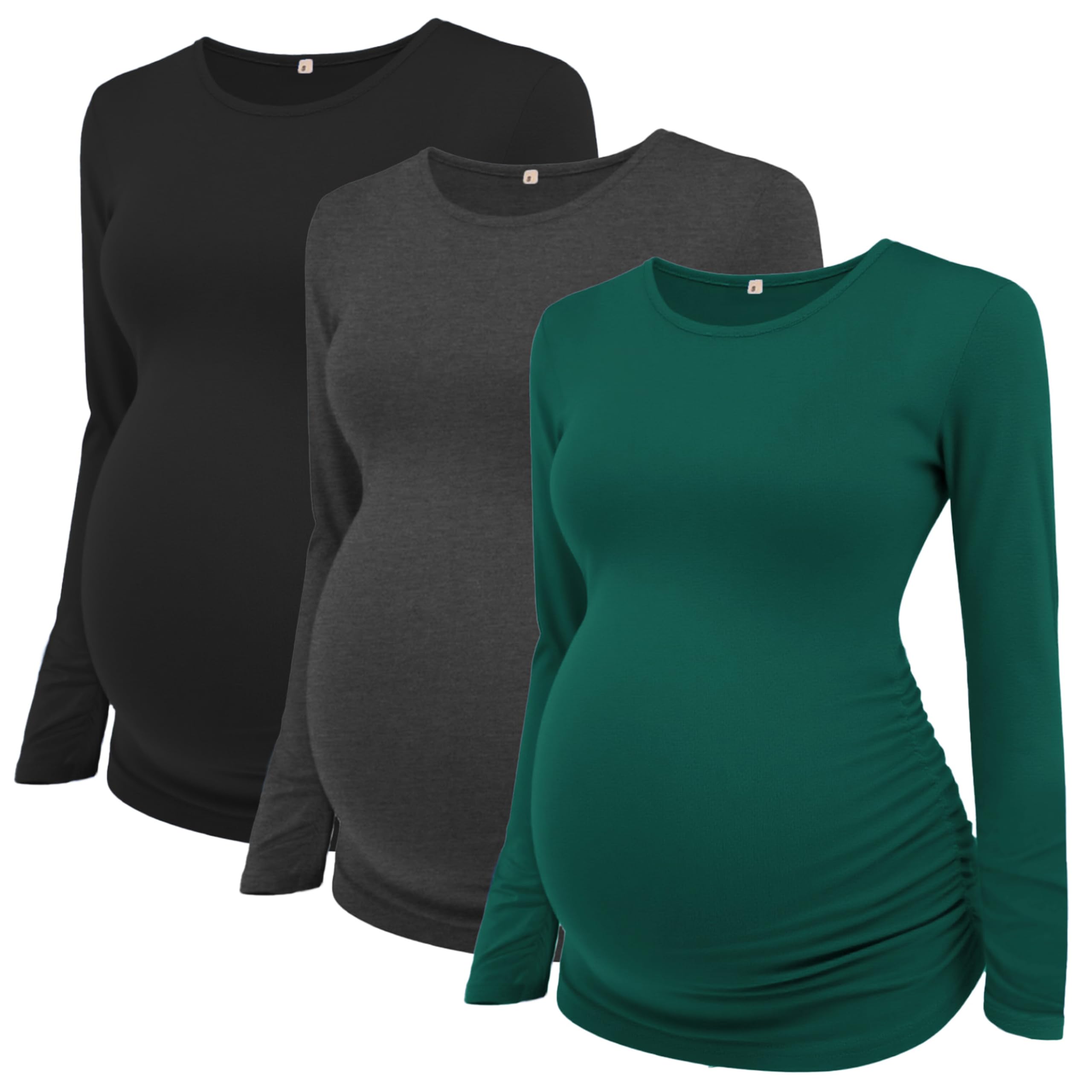 Ecavus Women's 3-Pack Maternity Shirts Long Sleeve Soft Stretchy Pregnancy Tops Side Ruched Casual Mama Clothes