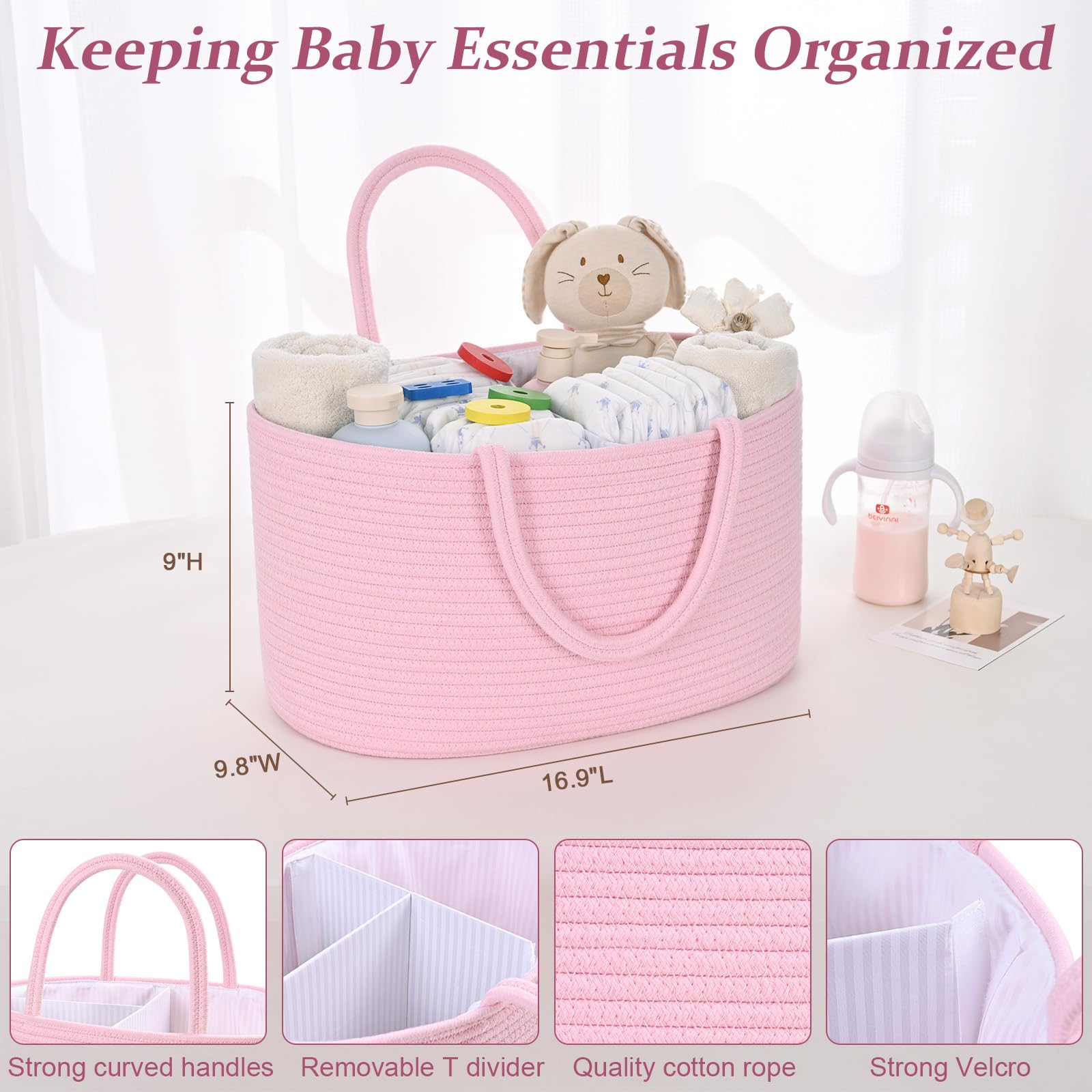 13.5L Baby Diaper Caddy Organizer, 15.3"x9.8"x7" Cotton Rope Diaper Basket, Changing Table Storage Caddy With Removable Divider, Baby Basket for Nursery, Car, Diapers, Baby Shower Gifts for Newborn