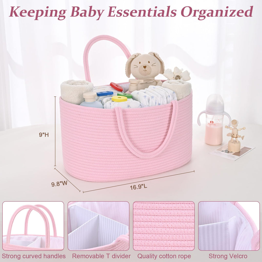 19L Baby Diaper Caddy Organizer, 16.8"x9.8"x9" Cotton Rope Diaper Basket, Changing Table Storage Caddy With Removable Divider, Baby Basket for Nursery, Car, Diapers, Baby Shower Gifts for Newborn