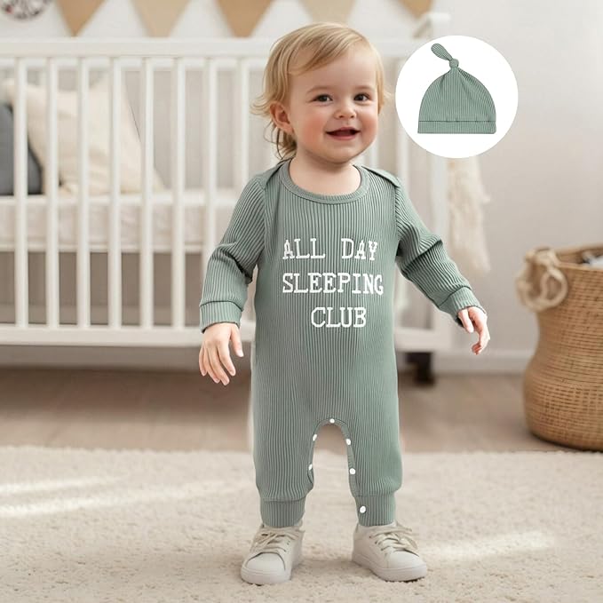 Fernvia Newborn Baby Boy Clothes Letters Print Bodysuit 3 6 9 12 18 Months Long Sleeve Jumpsuit with Hat 2PCS Outfits Set