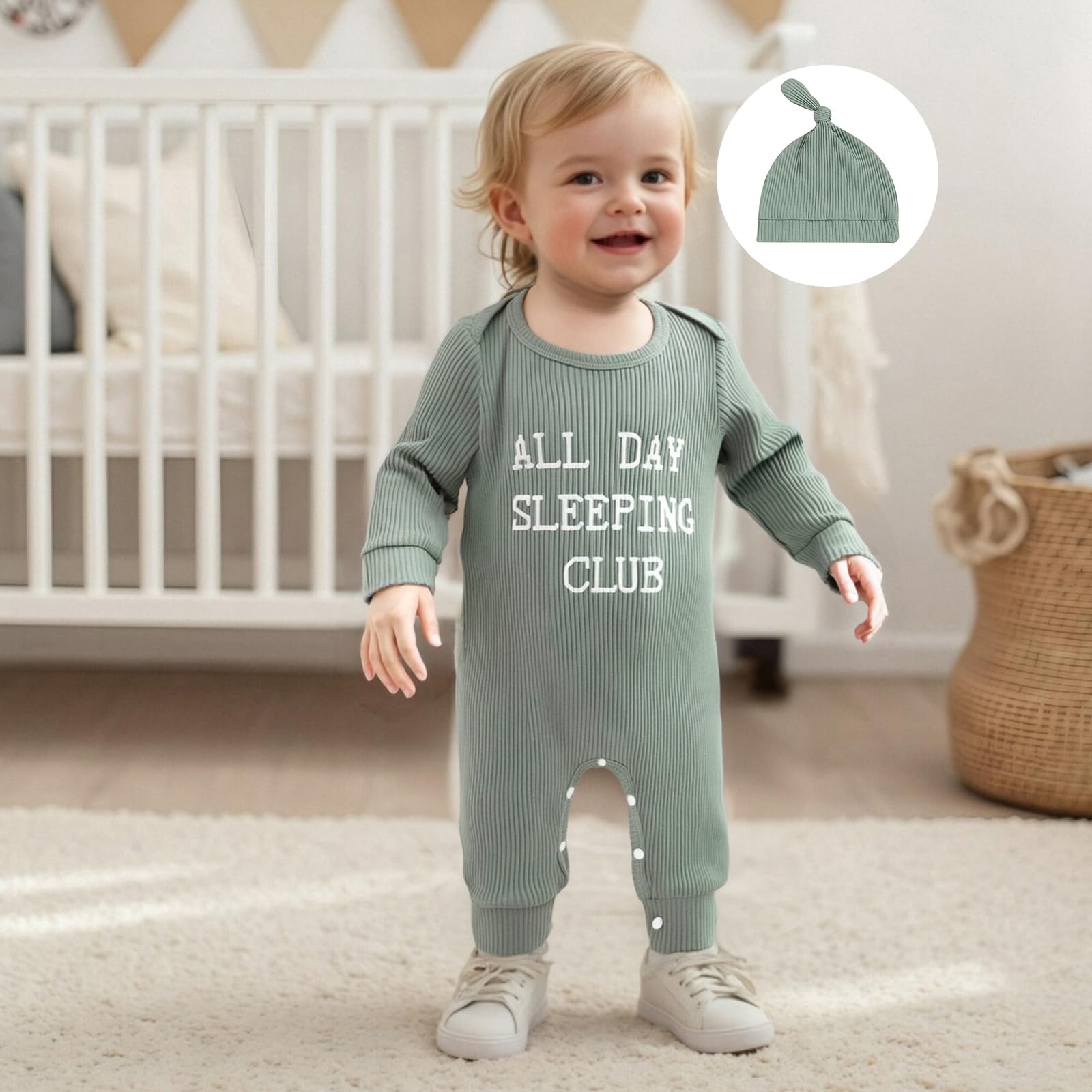 Fernvia Newborn Baby Boy Clothes Letters Print Bodysuit 3 6 9 12 18 Months Long Sleeve Jumpsuit with Hat 2PCS Outfits Set (A Green, 3-6 Months)