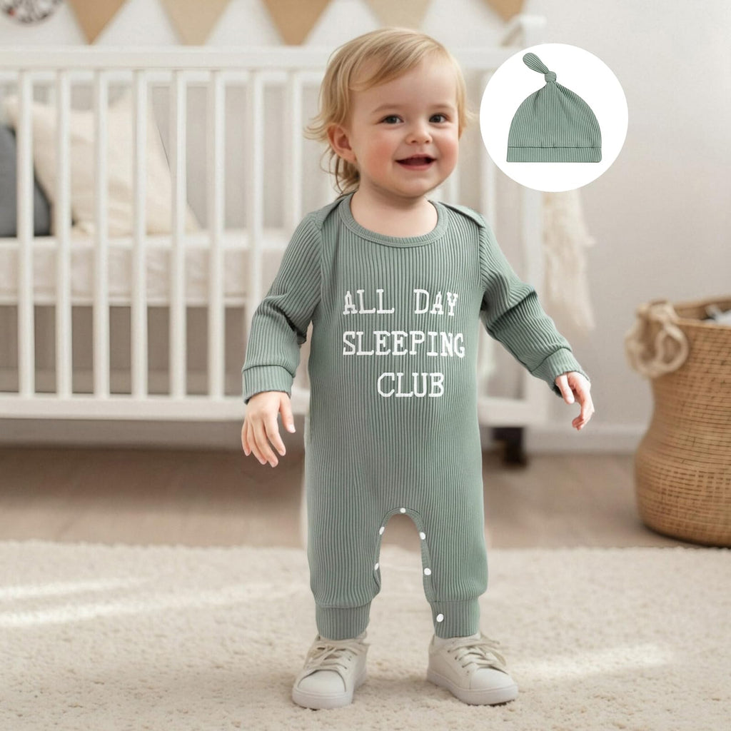 Fernvia Newborn Baby Boy Clothes Letters Print Bodysuit 3 6 9 12 18 Months Long Sleeve Jumpsuit with Hat 2PCS Outfits Set (A Green, 3-6 Months)