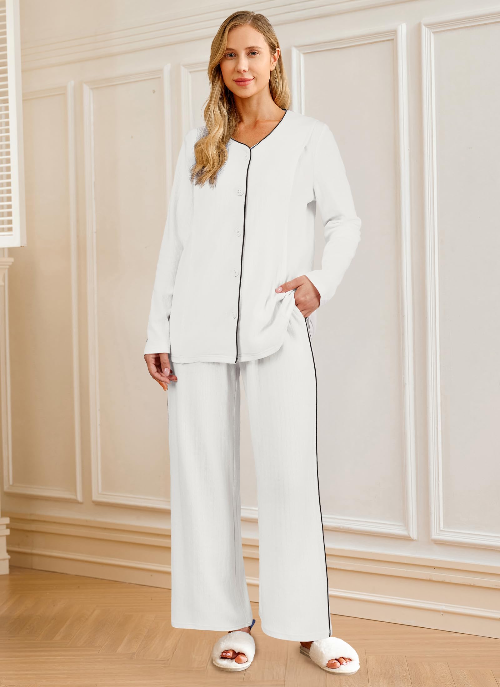 OUGES Maternity Nursing Pajamas Lounge Sets Postpartum Outfits for Women 100% Cotton Button Down V Neck Breastfeeding Sleepwear Set Maternity Clothes White Top & Long Pants with Pockets(White,XXL)