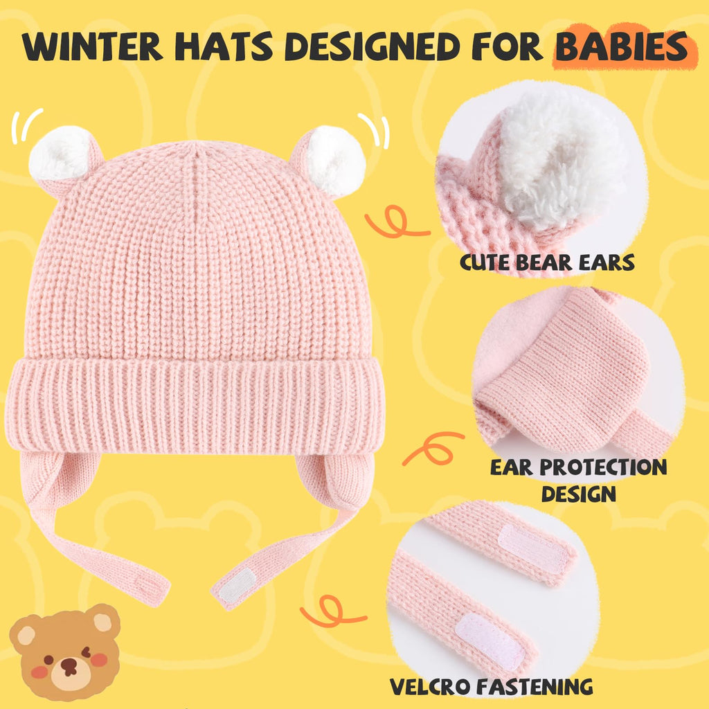 Duoyeree Fleece Lined Baby Beanie, Earflap Adjustable Chin Strap Hat 0-2T