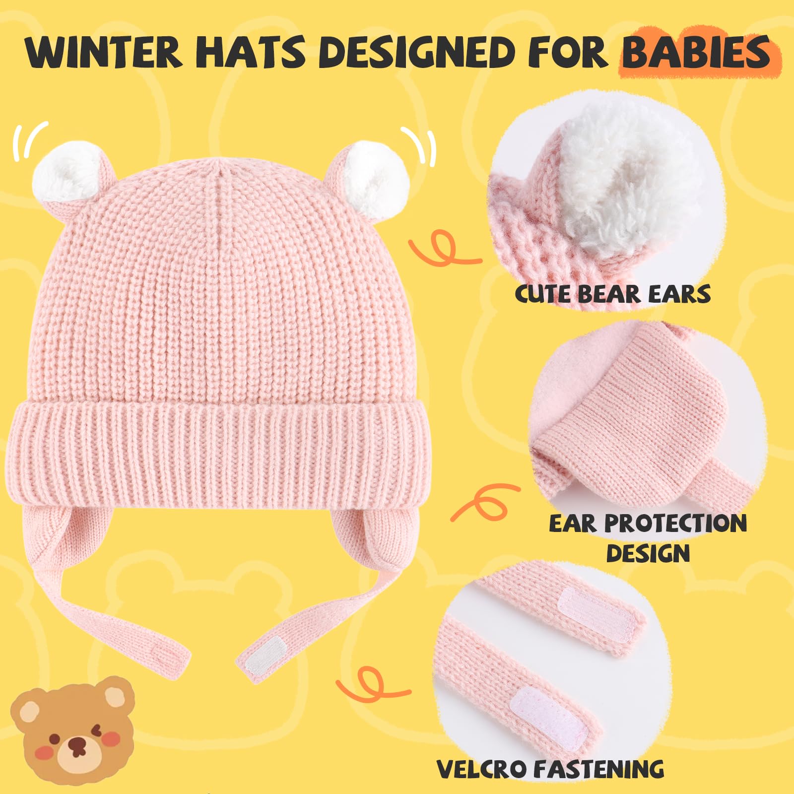 Duoyeree Fleece Lined Baby Beanie, Earflap Adjustable Chin Strap Hat 0-2T