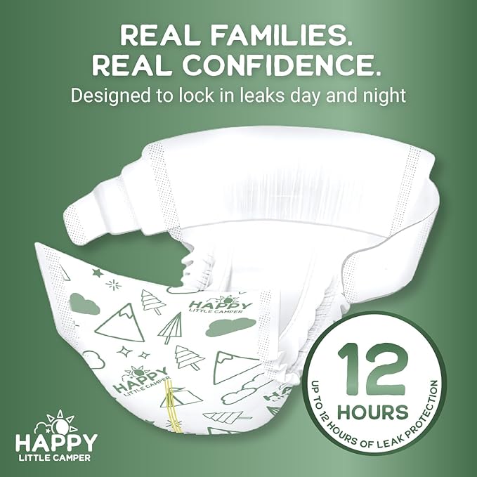 Happy Little Camper Ultra-Absorbent Natural Baby Diapers Size 1 - Hypoallergenic, Unscented & Chlorine-Free Disposable Diapers (200 Count) Come with Flushable Wipes (200 Count) for Sensitive Skin