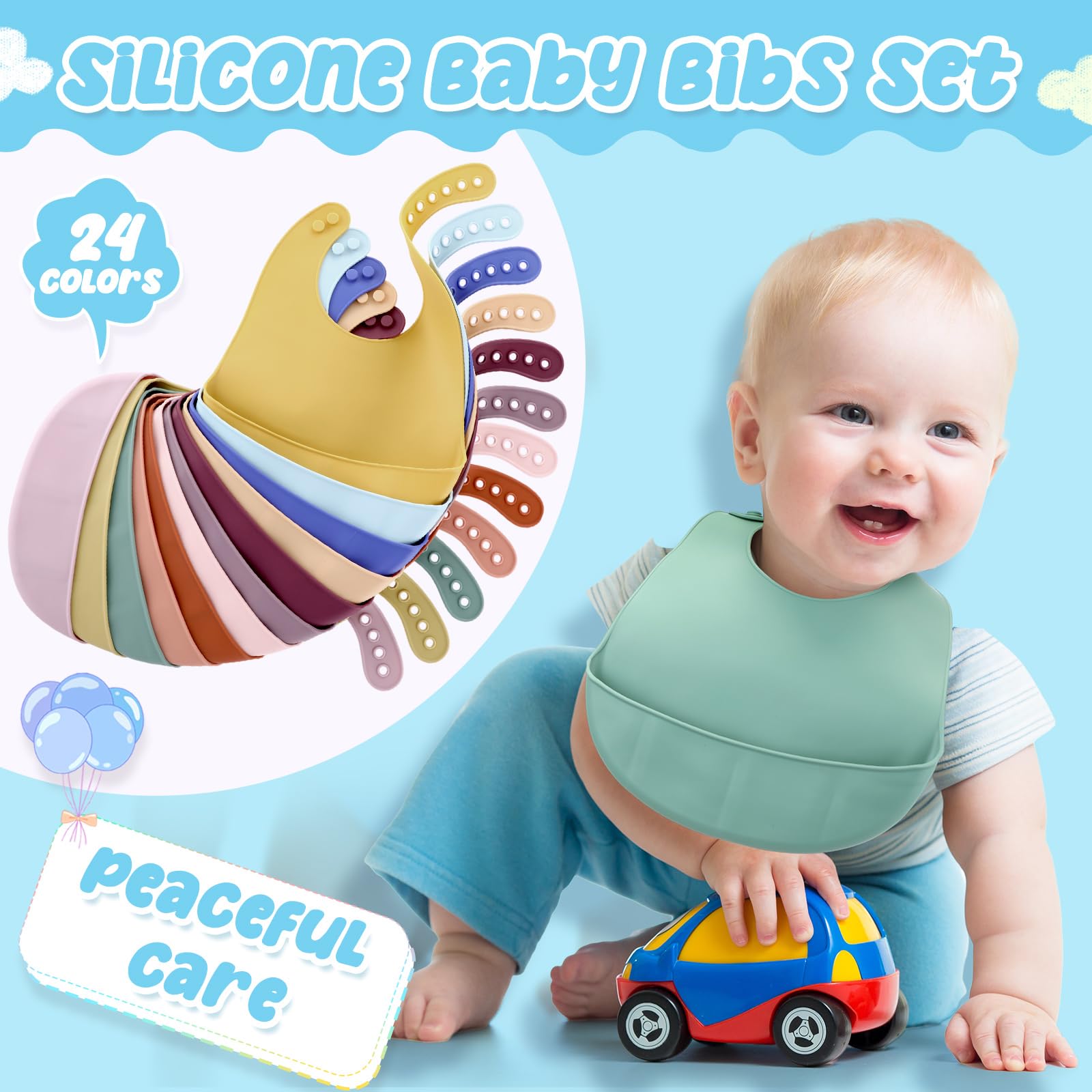 Mepase 24 Pcs Silicone Bibs Waterproof Silicone Baby Bibs Soft Adjustable Baby Feeding Unisex Kid Eating Supplies (Classic Color)