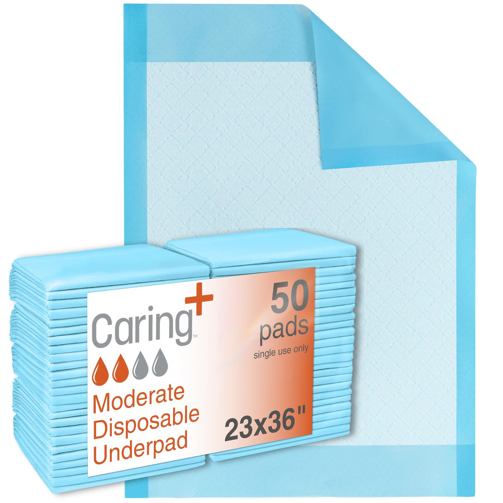 Caring Disposable Underpads 23 x 36 in, Moderate Absorbency Bed Pads, Chucks Pads, Puppy Pads, Baby Changing Pads, Incontinence Underpads for Adults, Pets, Babies, 50 Count Pack