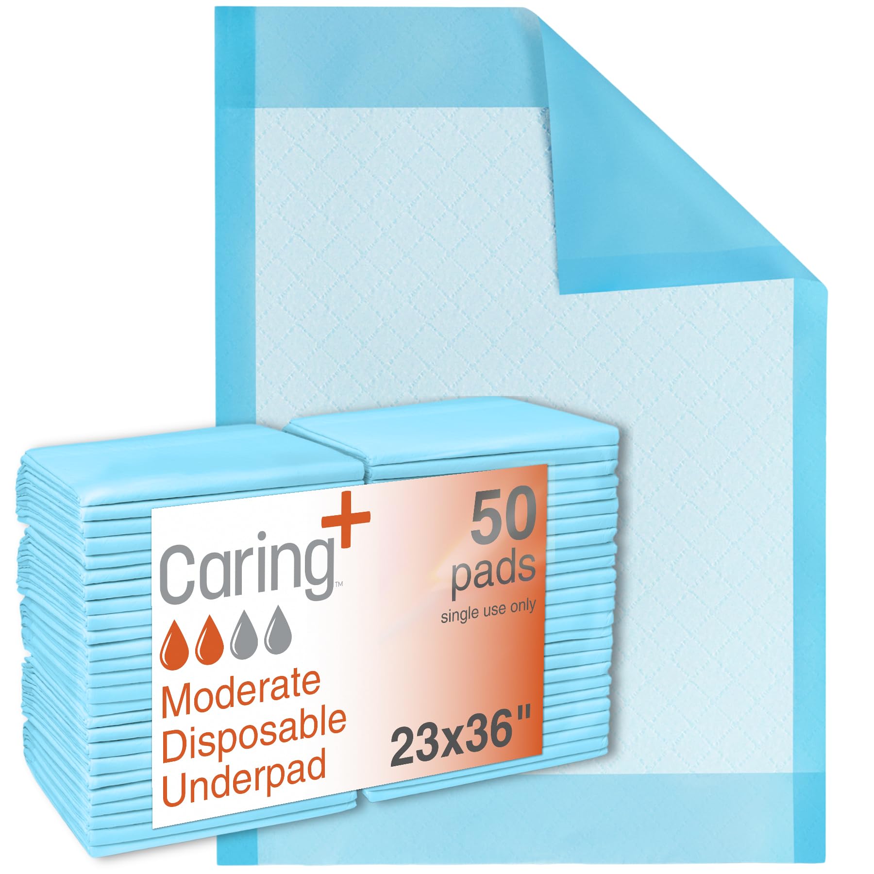 Caring Disposable Underpads 23 x 36 in, Moderate Absorbency Bed Pads, Chucks Pads, Puppy Pads, Baby Changing Pads, Incontinence Underpads for Adults, Pets, Babies, 50 Count Pack