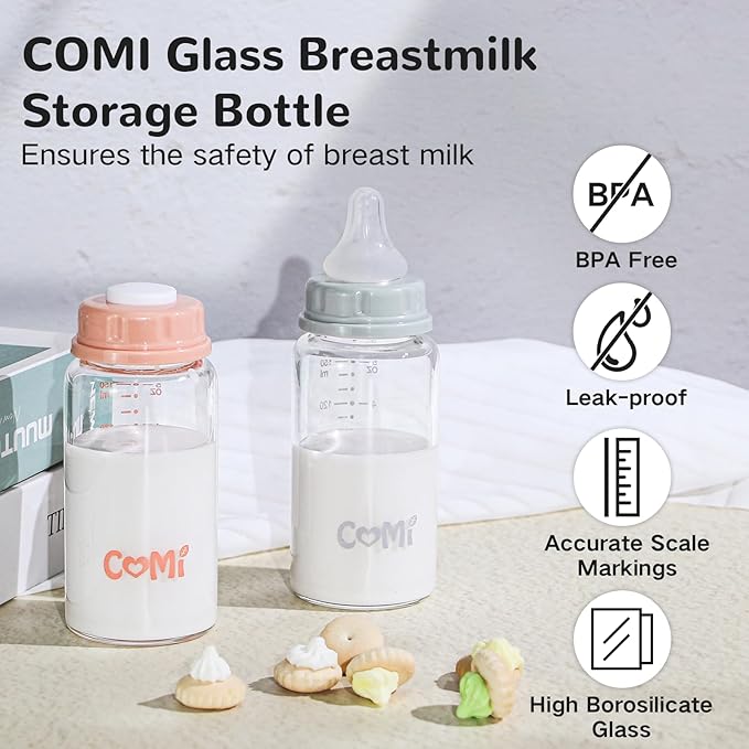 COMI Natural Glass Baby Bottle,Standard Neck Breastmilk Storage Bottle for Fridge,Breast Milk Container,Breast Pump Bottle Compatible with Medela Breast Pump,BPA Free,4PCS(5.1oz,4 Gray Lids)