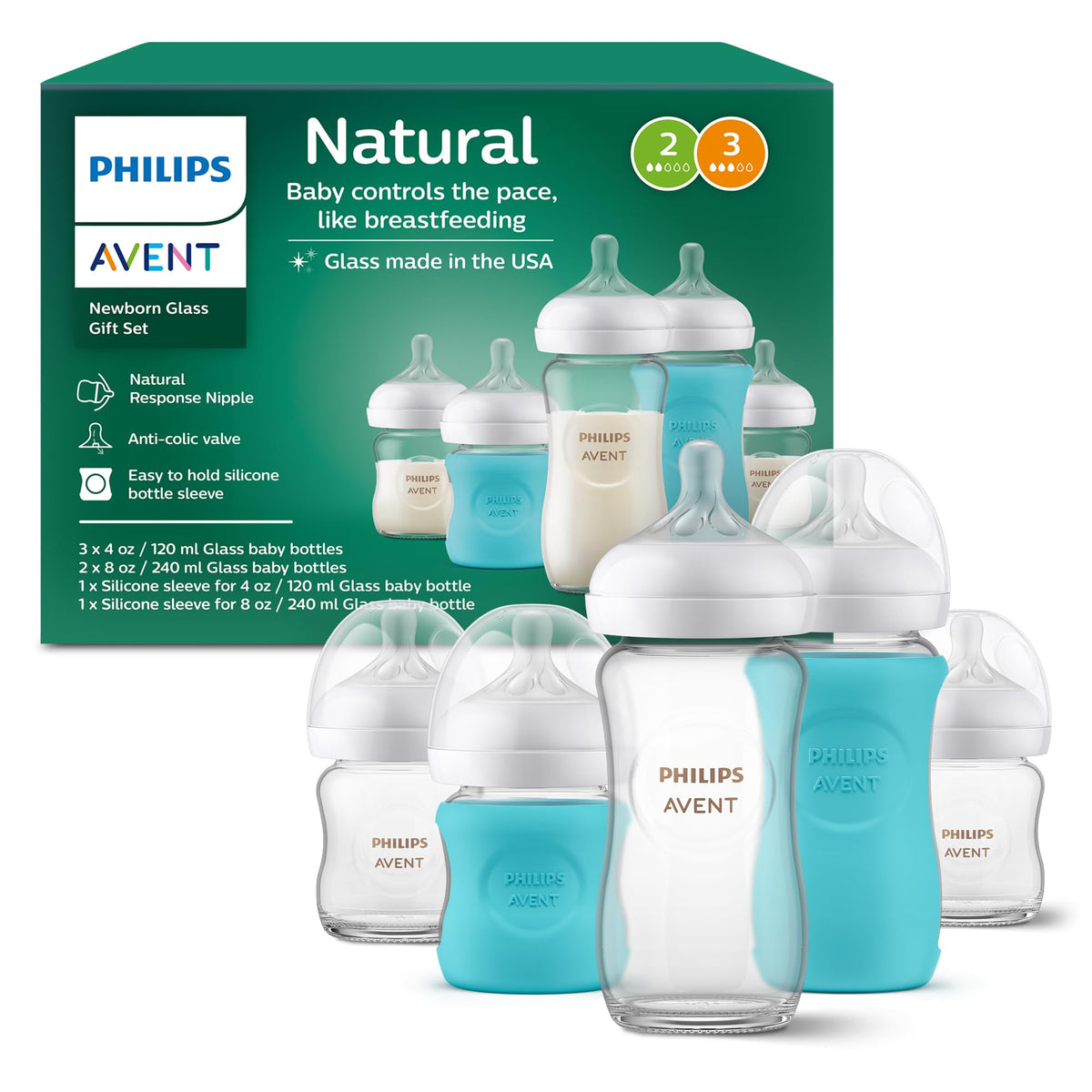 Philips Avent Natural Glass Baby Bottles, Slow Flow, 4 oz, BPA-Free, 4-Pack