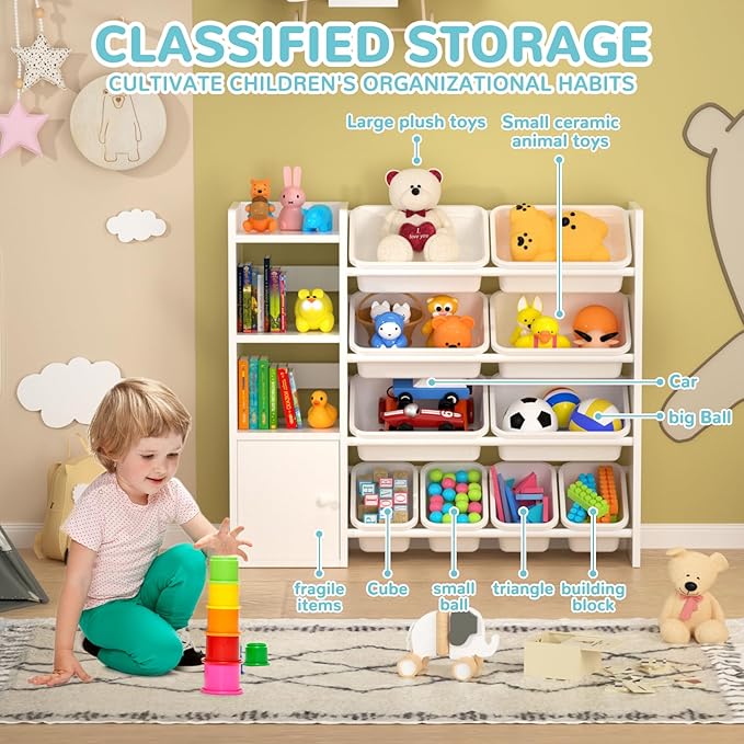 Toy Storage Organizer with 3 Shelves 1Lockers and 10 Bins, Toy Organizers Storage Bookshelf, Kids Bin Shelf Toys Box Bookcase for Bedroom Playroom Organization Room Decor - 100% Solid Wood