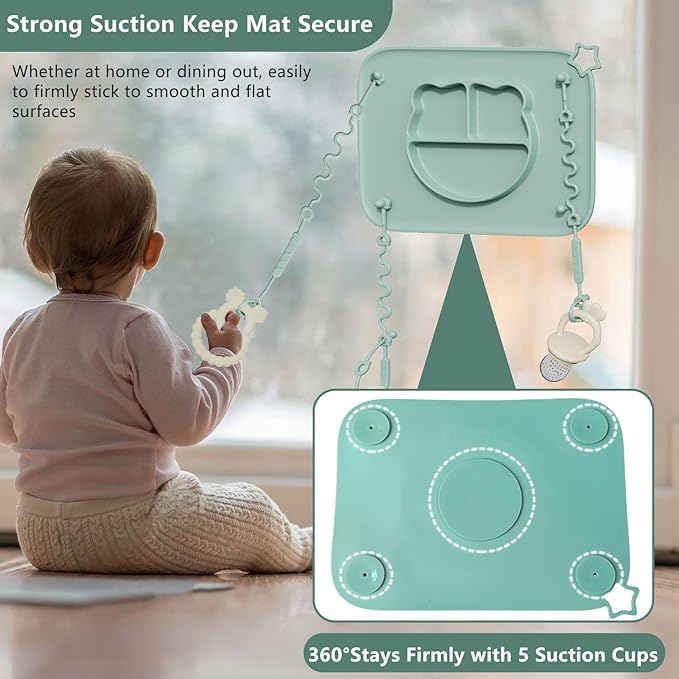 2 Pack Silicone Baby Placemats with Non-Slip Strong Suction Base and Anti-Drop 8 Stretchable Straps, BPA Free Food Grade Silicone Table Mats for Babies Toddlers, High Chair, Dining Tables, Green+Blue