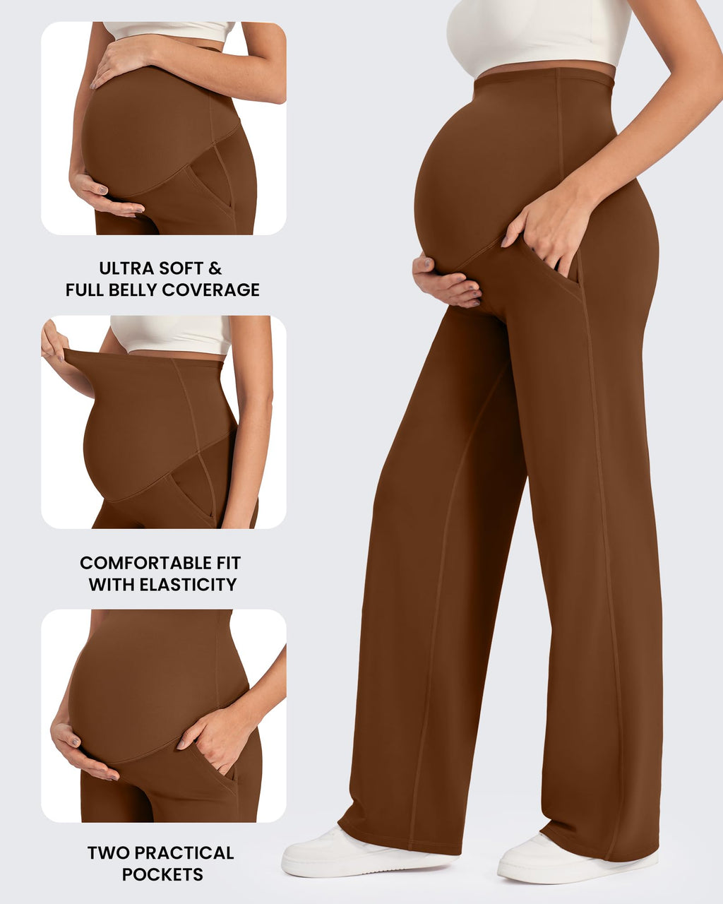 G4Free Maternity Work Pants with Pockets Wide Leg,Dark Coffee,M,Short