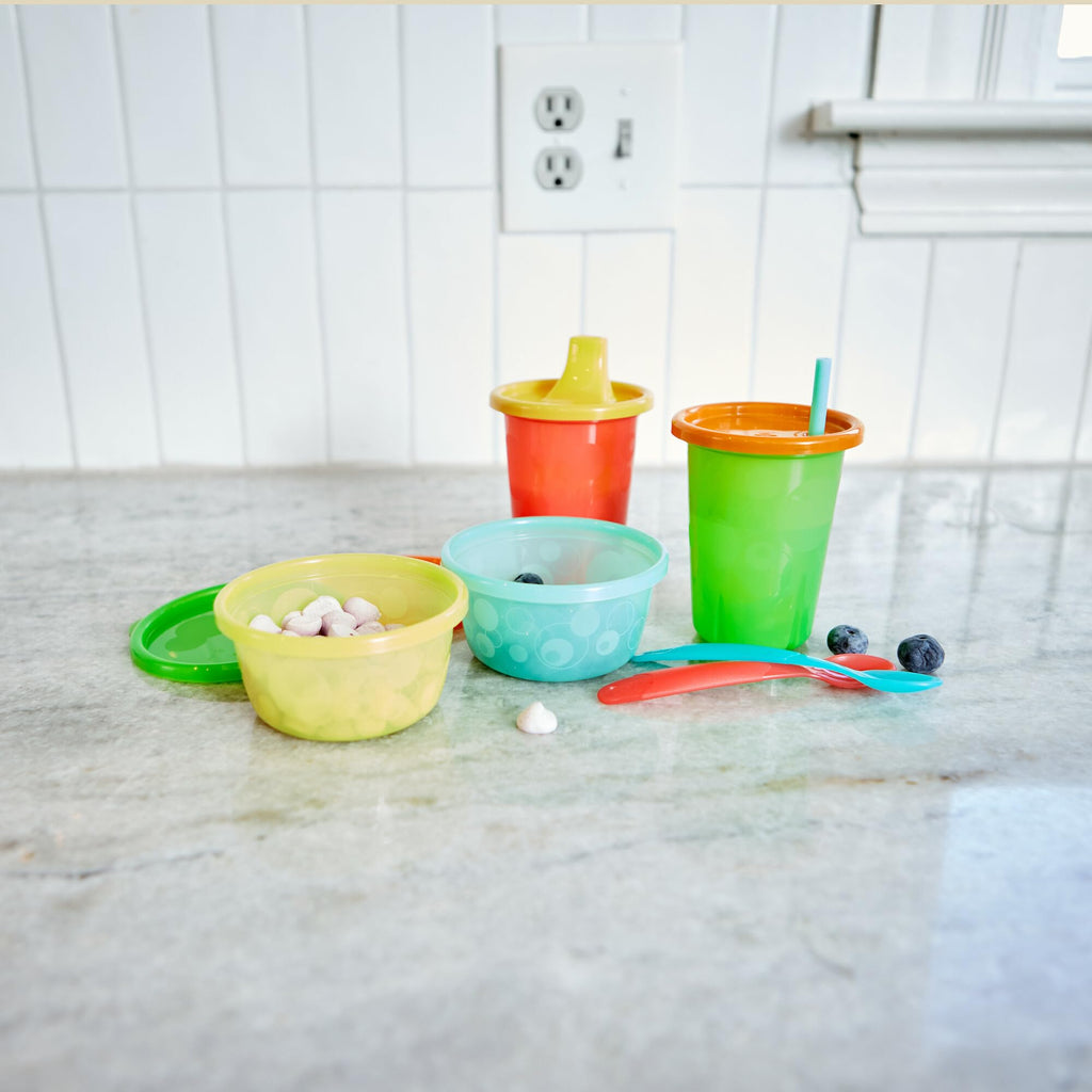 The First Years Take & Toss Spill Proof Sippy Cups - Rainbow Party Pack - Reusable Toddler Cups - Kids Cups and Snap On Lids for Ages 9 Months and Up - 20 Count