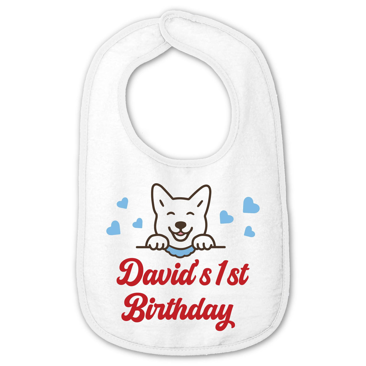 Personalized Baby Bib with Name – Soft Cotton Terry, Cute Jindo Dog Design, Custom Text 1-2 Lines, Newborn Toddler Gift