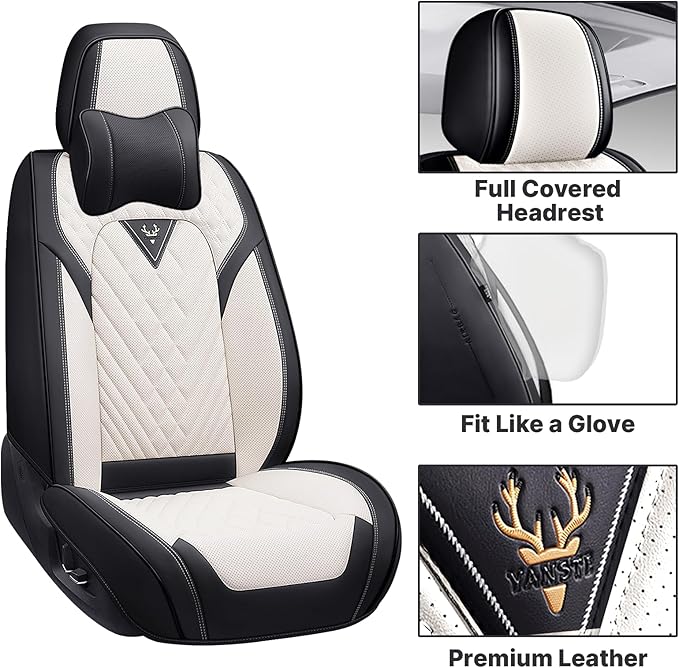 Car Seat Covers,Waterproof PU Leather Automotive Seat Covers Full Set for Cars SUV Truck Sedan,Universal Anti-Slip Seat Protector Breathable Seat Cover (5 Seat-Headrest,Creamy White)