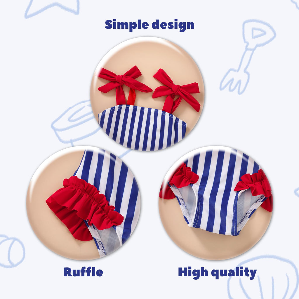 Happy Town Toddler Swimsuit Girl Solid Color Stripe One-Piece Baby Bathing Suits (Blues and Reds, 12-18 Months)