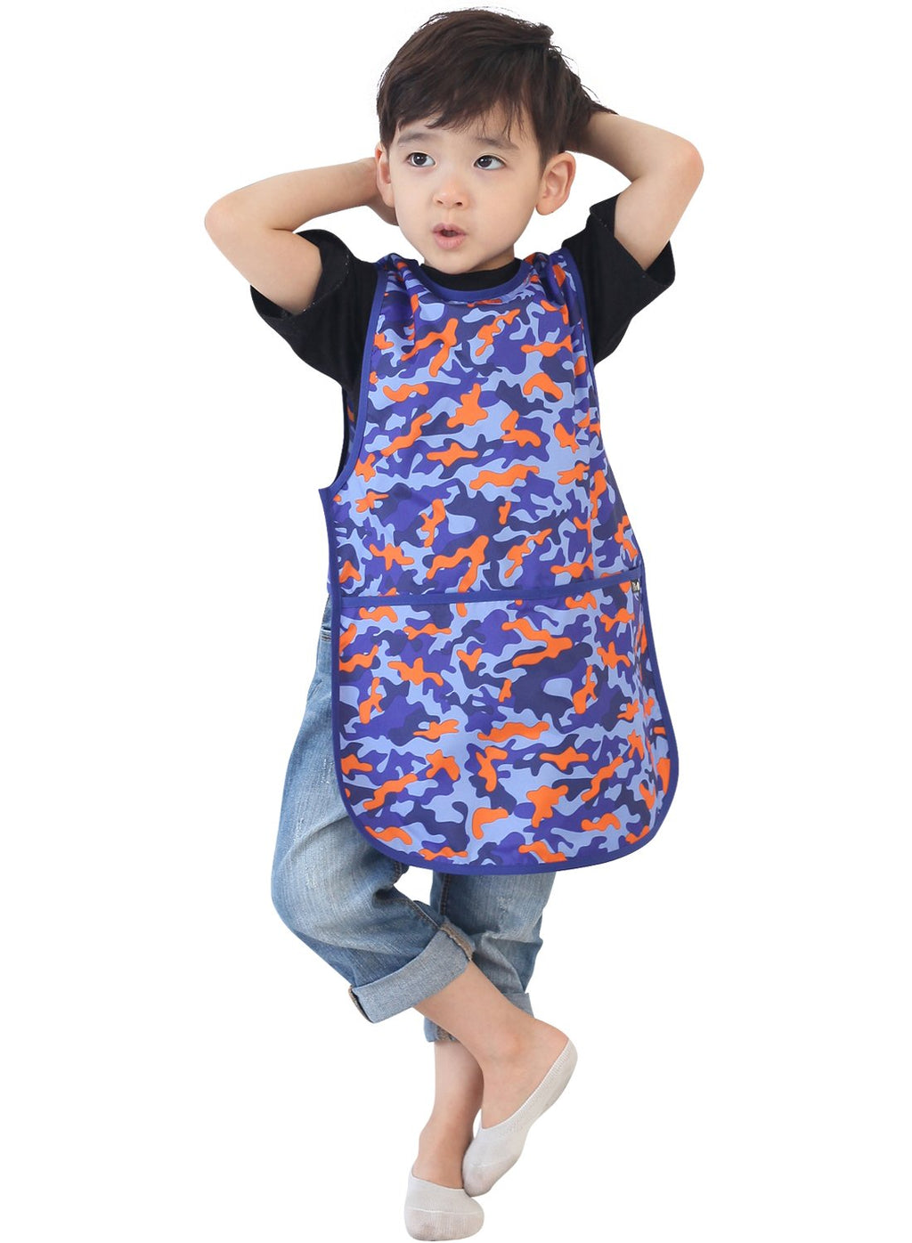 Plie Kids Painting Apron – Waterproof Art Smock for Toddlers & Preschoolers, Messy Play, Baking, Crafts, Cooking, Sensory Activities, Mealtime (Ages 1–10), Blue Camo (35-L)
