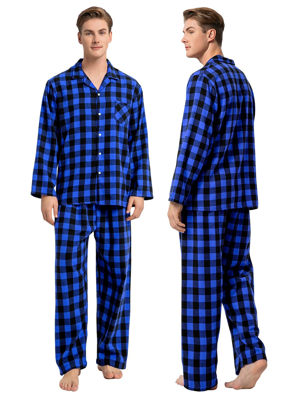 Schbbbta Pajamas Women, Ladies Cotton Plaid Flannel Shirt+ Pajama Pants Set Sleepwear For Family, Black Blue, US M