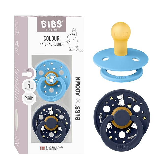 BIBS Colour Moomins Pacifier 2-Pack, BPA Free Pacifier, Round Nipple. Natural Rubber Latex, Made in Denmark, Size 1 (0-6 Months), Breeze/Deep Space
