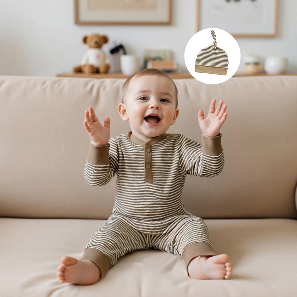 Kuriozud Newborn Infant Unisex Baby Boy Girl Clothes Button Romper Jumpsuit Basic One Piece Outfits Striped Striped Long Sleeve with Hat Khaki, 6-9 Months