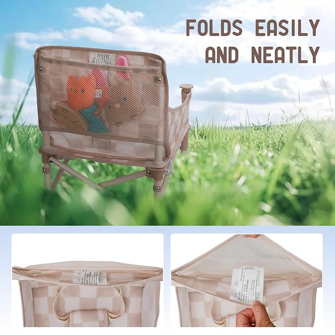 Tiny Marvels Portable 3-in-1 Baby Chair, Cozy Booster Seat, Baby Seat with Tray, Compact Foldable, Toddler Chair with Child Safety Belt Carry Bag, Perfect for Travel (Sand Checker)