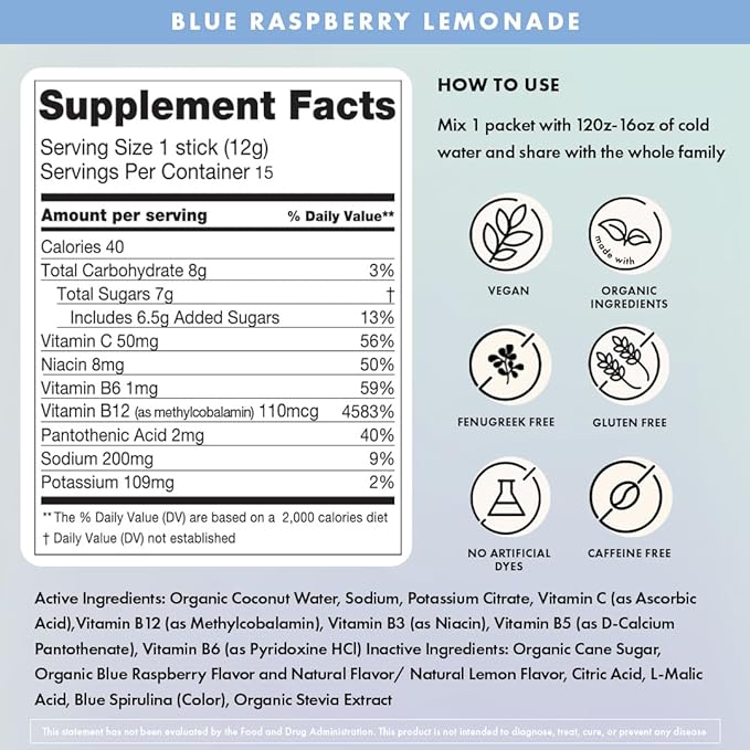 Boobie Hydromom Superfood Electrolyte Drink Mix, Blue Raspberry Lemonade | Refreshing Energy & Hydration Boost for Mamas | On-The-Go & Travel Essentials for Pregnancy, Lactation, & Beyond - 2 Pack