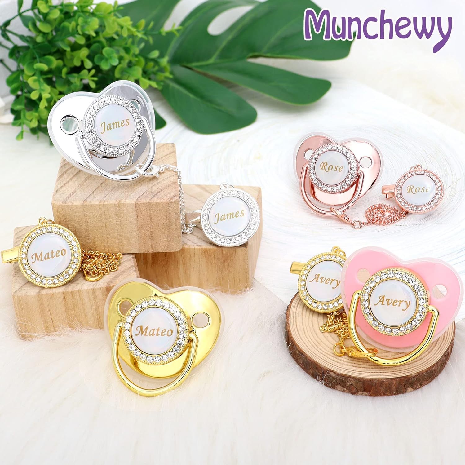 Munchewy Custom Baby Pacifier with Name and Clip for Newborns(White)