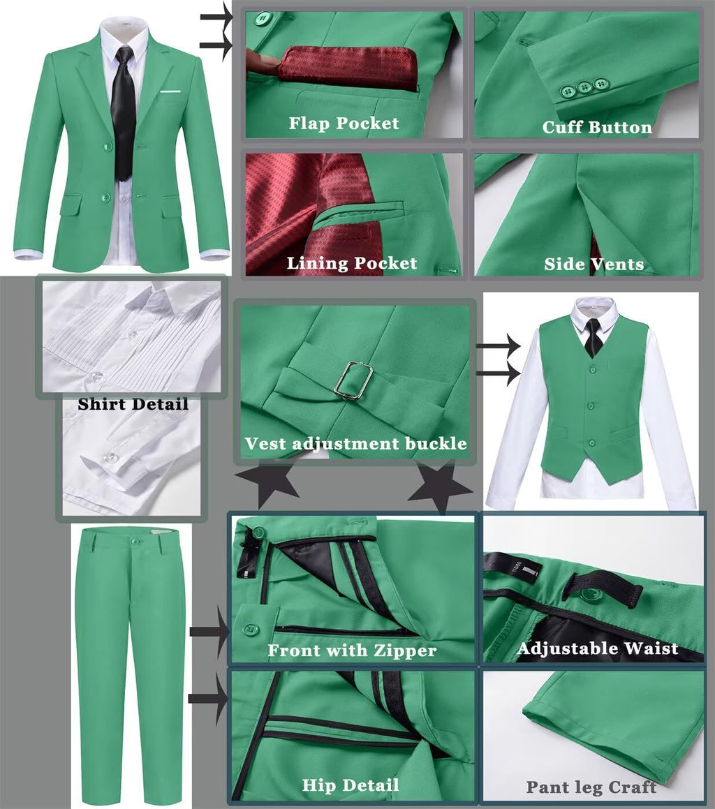 Boy's 6 Piece Suit Classic Fit Suit Set Tuxedo Boy Outfit Green 16