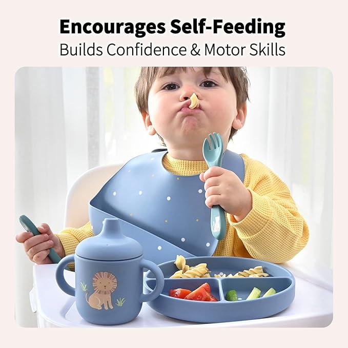 Little Rawr Baby Led Weaning Bundle, 100% Silicone Baby Feeding Set Includes Divided Plate, Suction Bowl, Straw Cup, Bib, Spoon & Fork, Develops Self Feeding Skills, Dishwasher Safe (Blue)