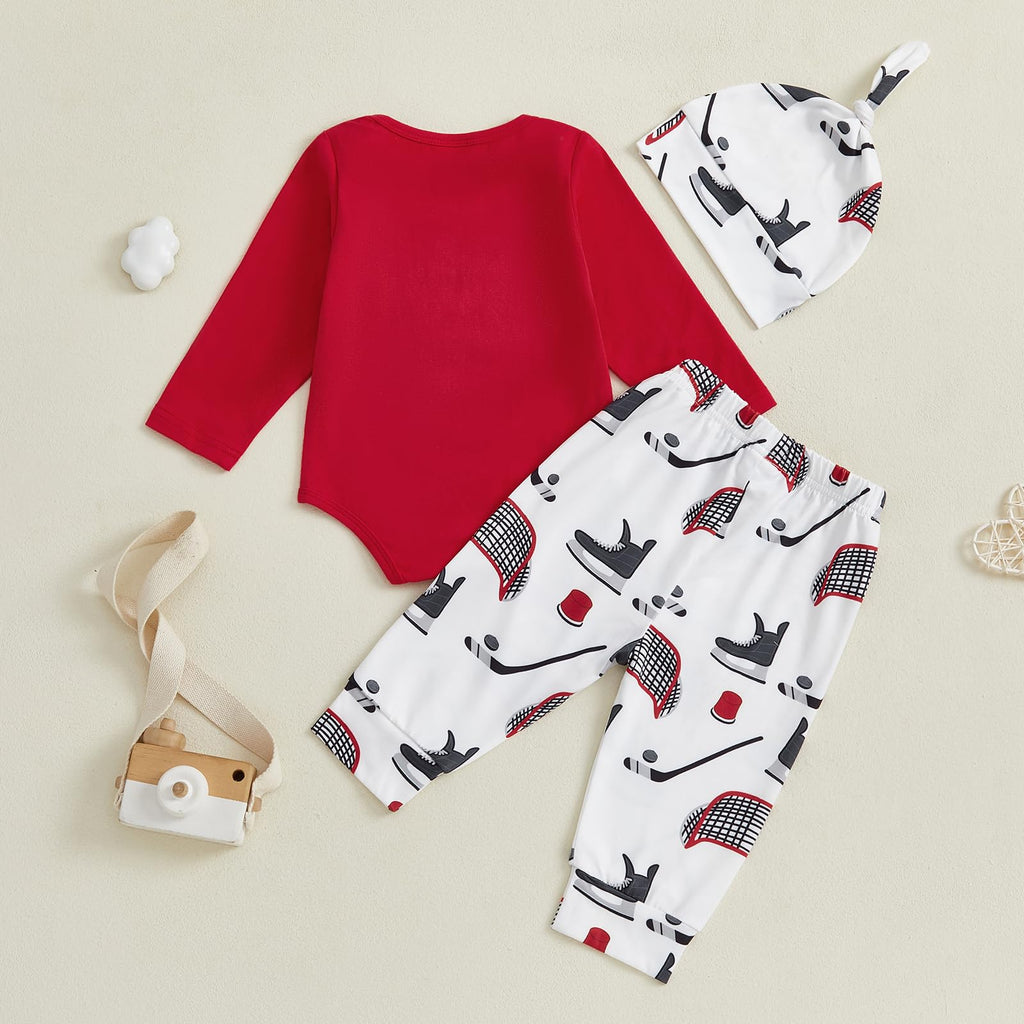 Doqcey Baby Boy Hockey Outfit New Player in Town Long Sleeve Romper Long Pants Hat Set 3Pcs Newborn Fall Winter Clothes (Red, 3-6 Months)