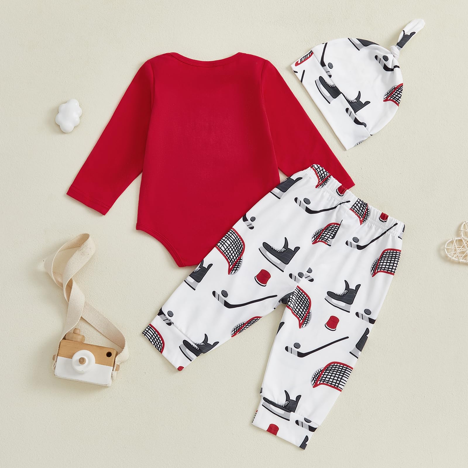 Doqcey Baby Boy Hockey Outfit New Player in Town Long Sleeve Romper Long Pants Hat Set 3Pcs Newborn Fall Winter Clothes (Red, 3-6 Months)
