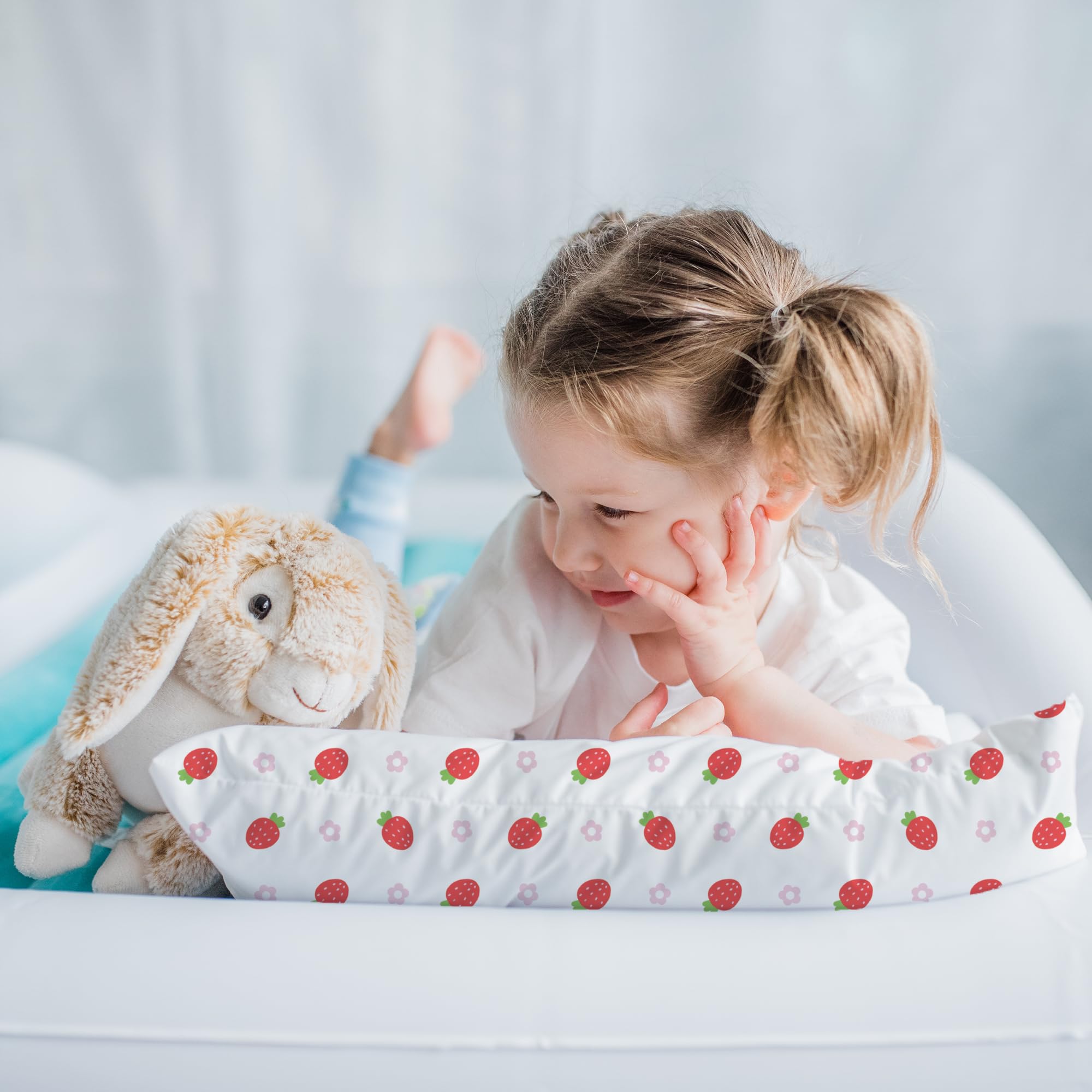 Toddler Bed Pillow with Cotton Pillow Case – 13x18 Kids Pillows for Sleeping, School, Travel & Daycare – Hypoallergenic Toddler Pillow 2 Year Old to 5 with Envelope Pillowcase (Strawberries)