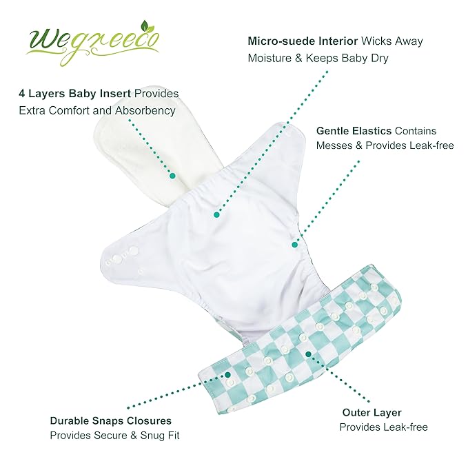 wegreeco Cloth Diapers 6 Pack with 6 Inserts & 1 Wet Bag, Washable Cloth Diapers for Babies, One Size Adjustable Reusable (Checkerboard)
