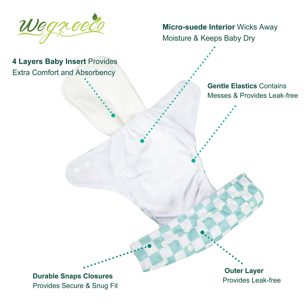 wegreeco Cloth Diapers 6 Pack with 6 Inserts & 1 Wet Bag, Washable Cloth Diapers for Babies, One Size Adjustable Reusable (Checkerboard)