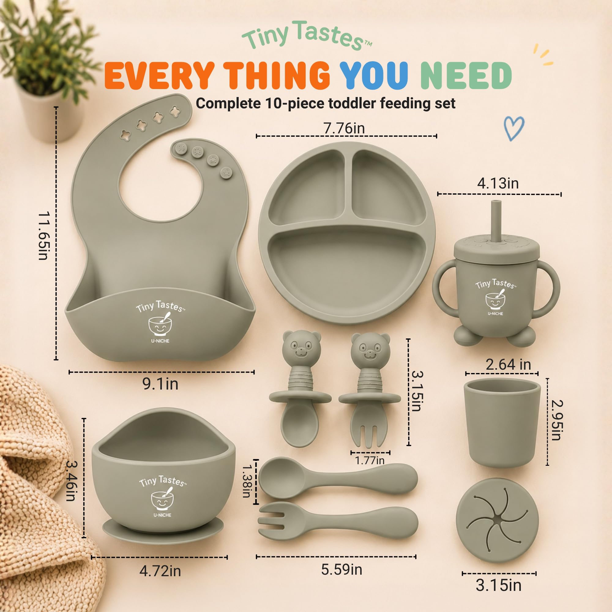 Tiny Tastes 10-Piece Silicone Baby Feeding Set – Baby Led Weaning Supplies with Suction Plate & Bowl, Adjustable Bib, Snack Cup, Spoons & Fork, BPA-Free Baby Feeding Essentials for Toddlers