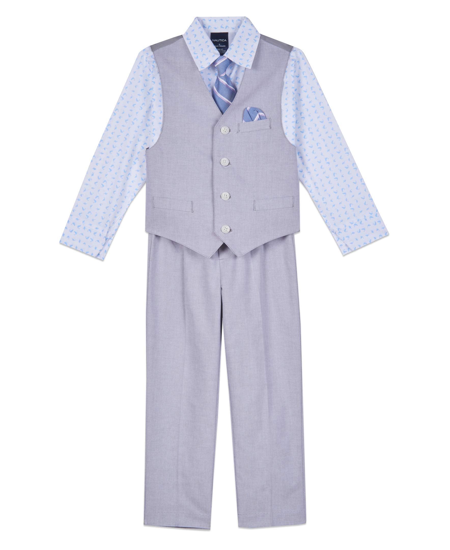 Nautica Boys' 4-Piece Vest Set with Dress Shirt, Tie, Vest, and Pants, Grey Mouse, 4