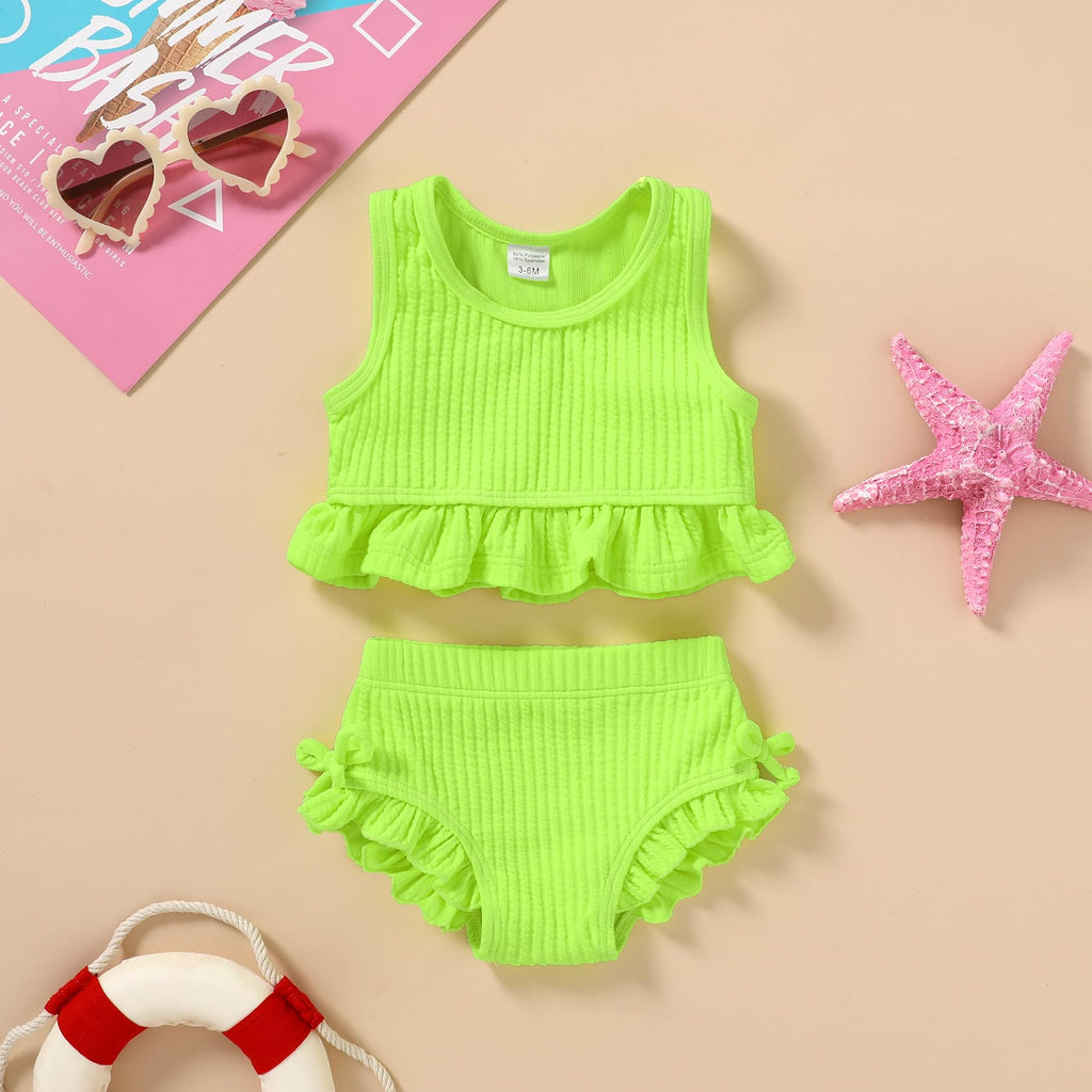 HAPPYMA Baby Swimsuit Toddler Girl Bathing Suit Summer Solid Color Bikini Set Beach Two Piece Swim Wear (Bright Yellow, 2-3T)
