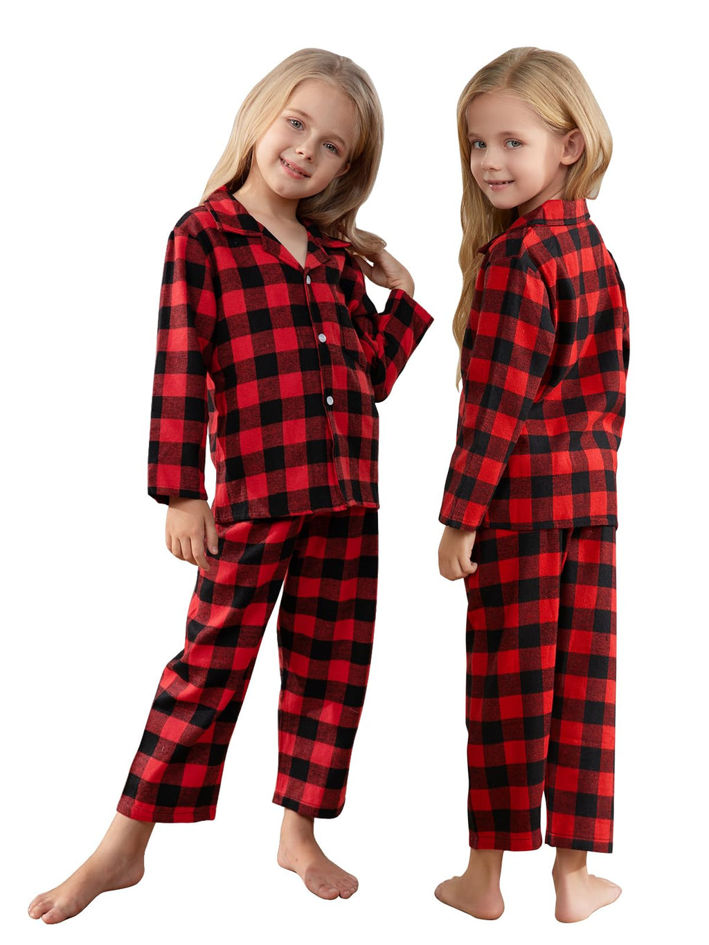 Schbbbta Kids Plaid Pajamas Set, Girls Boys 2-Piece Pajamas Set Long Sleeve Sleepwear Button Down Pjs, Red Black, 13-14 Years = Tag 170