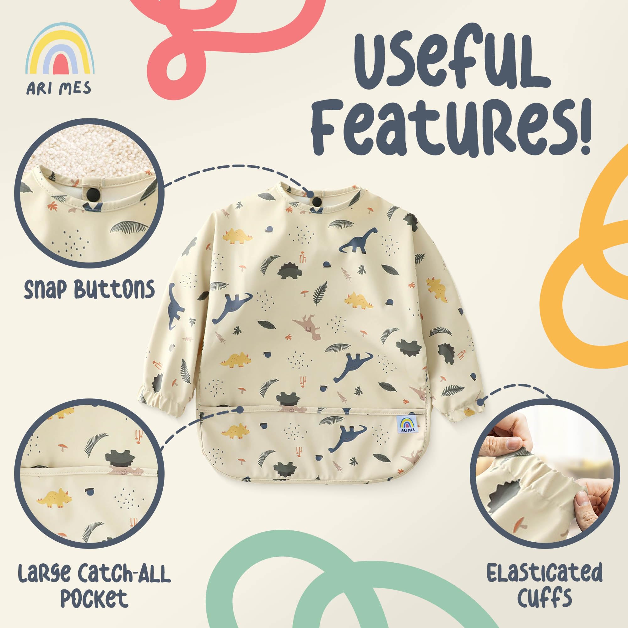 ARI MES Baby Bibs With Sleeves Waterproof Toddler Smock Bib Feeding