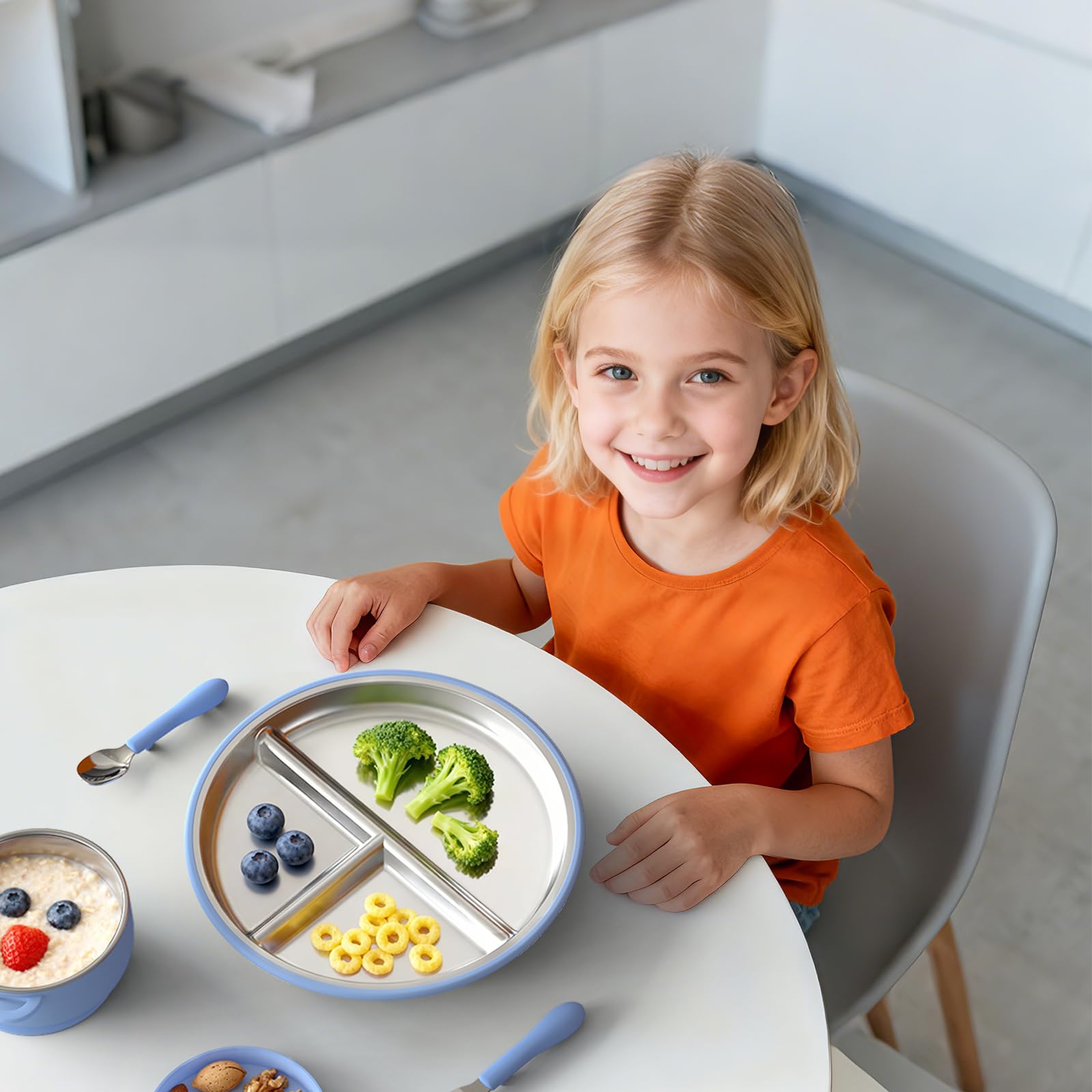 Bakpoco Stainless Steel Suction Plates for Toddlers, 9" Divided Kids Baby Plates with Removable Silicone Suction, Non Toxic Non Slip Portion Control Snack Dishes 3 Packs, Blue Gray Sage