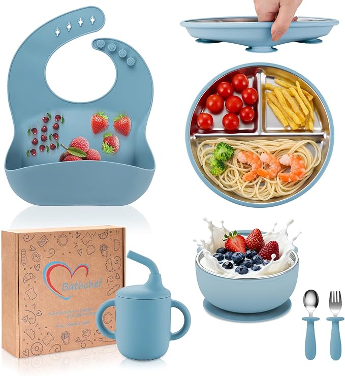 Toddler Plates and Bowls Set Stainless Steel - Bathchef Baby Feeding Set Strong Suction, BPA Free Durable Divided Plates, Safe Self Baby Feeding Utensils,Cup,Spoon,Fork,Dishwasher Safe,6pcs,Blue