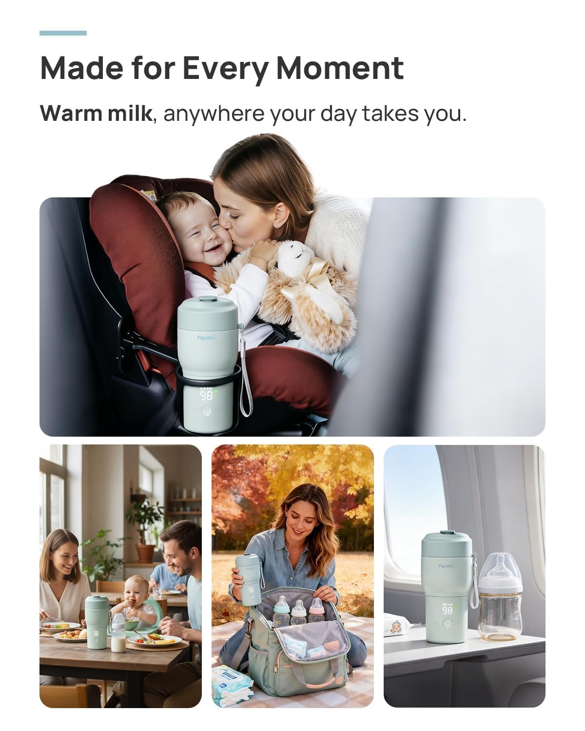 Papablic Portable Bottle Warmer Pro for Travel – Fast Heating, Built-in Sterilizer, 30W Fast Charge, 5-Temp Control, Easy-Clean Wide Mouth, Baby Milk Warmer for Breastmilk & Formula, Lilac Purple
