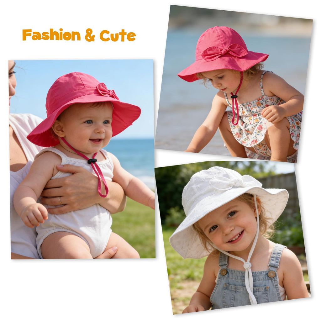 Baby Girl Sun Hat with UPF 50+ Outdoor Adjustable Beach Hat with Wide Brim Bucket Hats (6-12 Months, Rose-red)