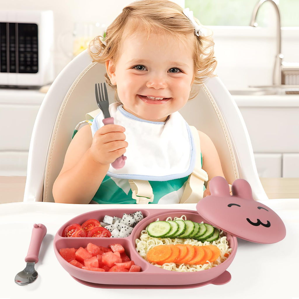 Silicone Baby Plate,Toddler plates,Self-feeding of infants after weaning, 100% Food Grade Silicone, BPA Free, Baby Dinnerware, Baby Plates With Suction, Divided Plate for Babies (pink)