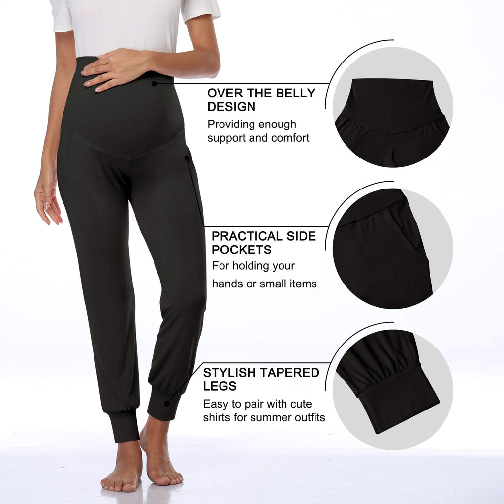 AMPOSH Women's Maternity Pants Stretchy Lounge Workout Sweatpants Casual Loose Comfy Pregnancy Joggers with Pockets(Black/Black, S)